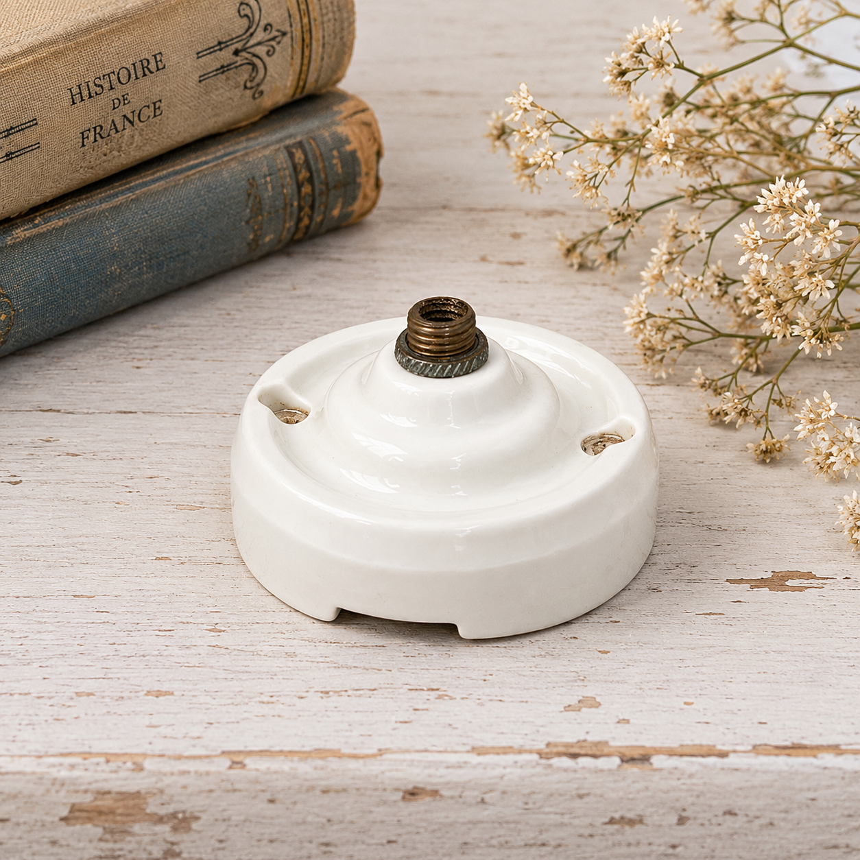 White ceramic lamp holder with brass fitting on a wooden surface with books and flowers.