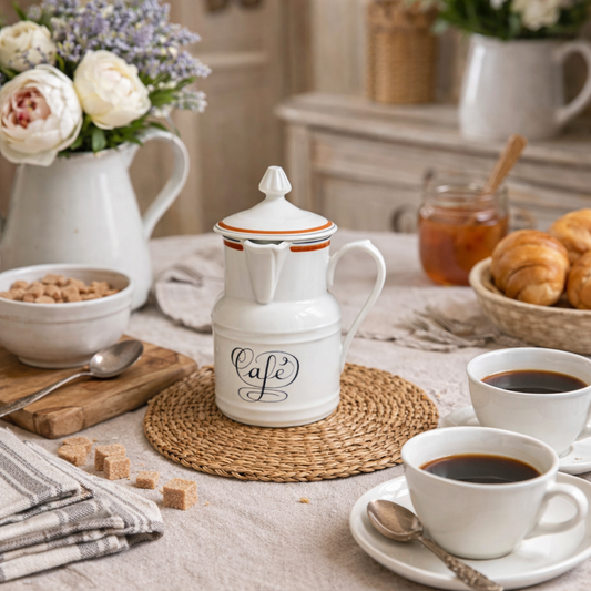 Café-themed white pitcher on a table with coffee cups and breakfast items.