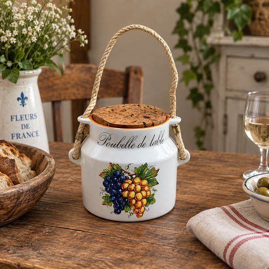 Vintage French ceramic Poubelle de Table with grape motif, cork lid and rope handle displayed on a rustic farmhouse dining table.
