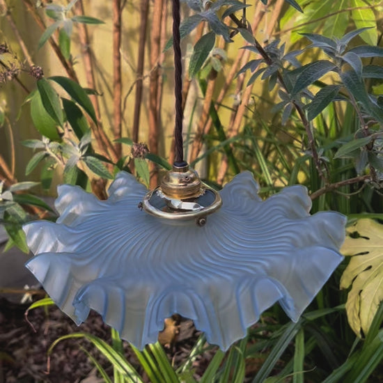 Vintage French Pendant Light, Blue Frosted Glass Hanging Lampshade 