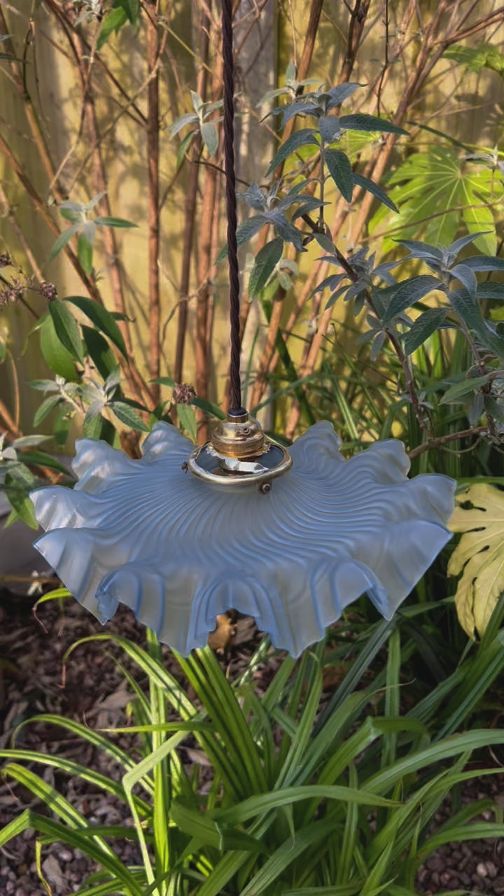 Vintage French Pendant Light, Blue Frosted Glass Hanging Lampshade 