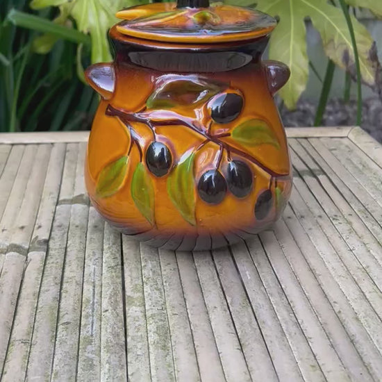 French Olive Jar, French Hand Made Ceramic Glazed Lidded Olive Pot