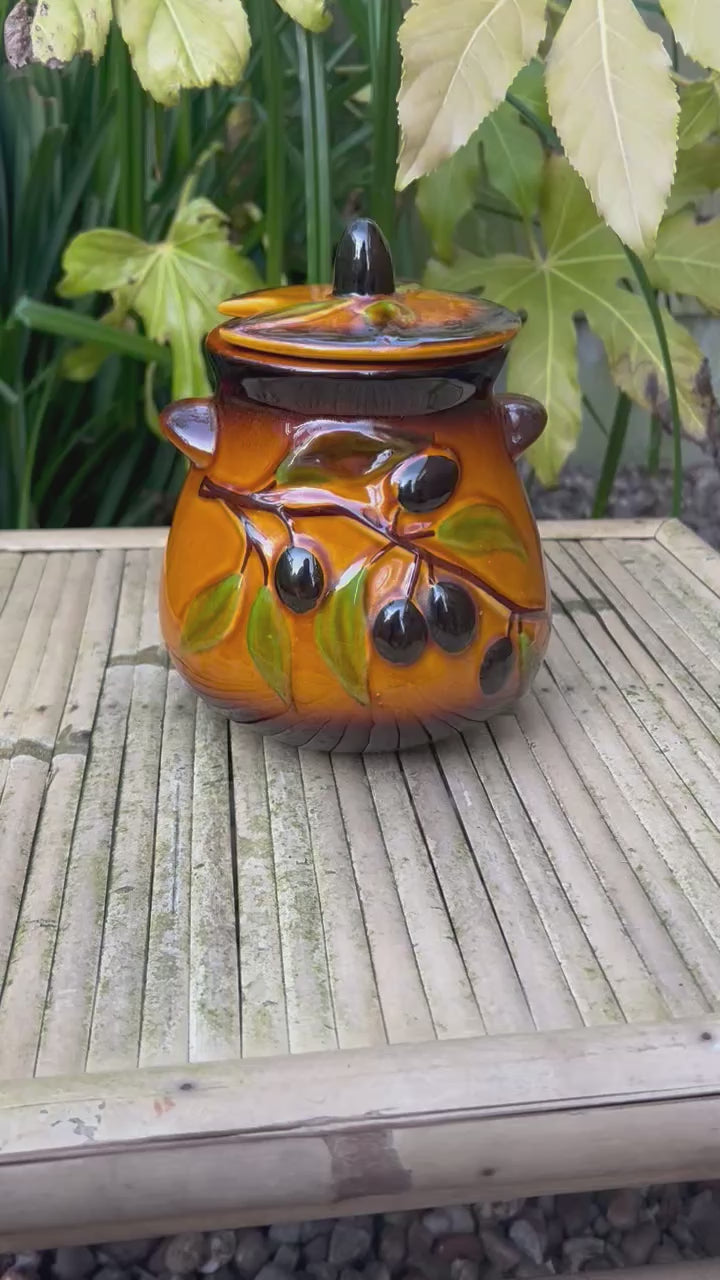 French Olive Jar, French Hand Made Ceramic Glazed Lidded Olive Pot