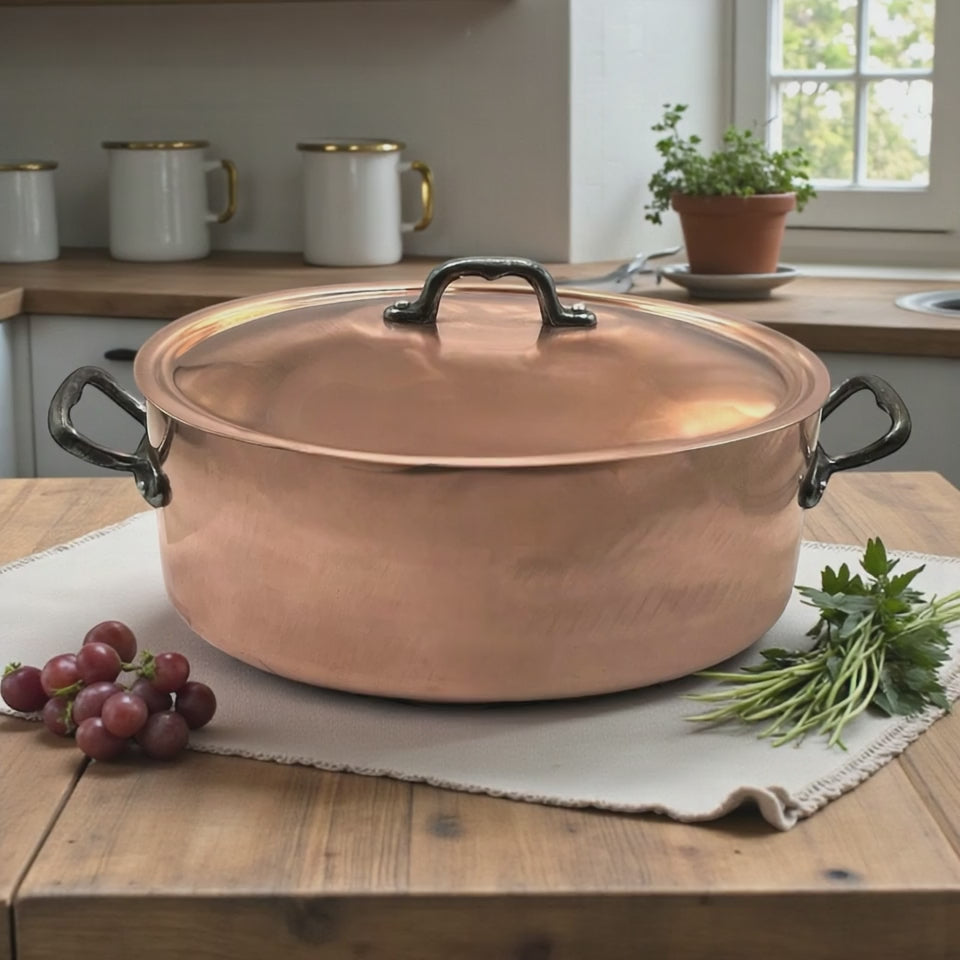 video of copper stockpot with lid in a country kitchen