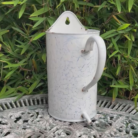 Vintage French Enamel Irrigator Jug, Wall Hanging Planter, Rustic Kitchen or Garden Pot