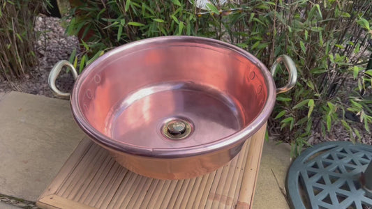 Up cycled vintage French copper basin sink with brass handles and a new brass topped waste 