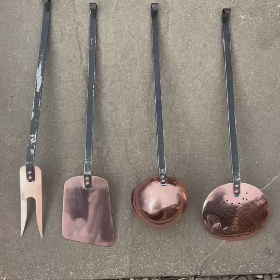 Video of 4 French copper utensils with steel black handles 