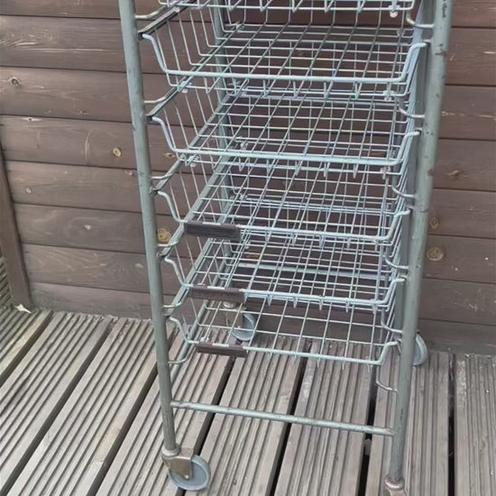 Vintage French Metal Drawer Trolley on Wheels, Industrial Mobile File Storage