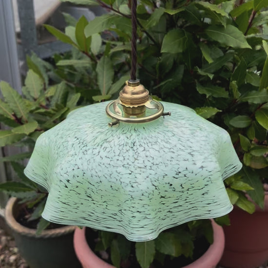 Vintage French Pendant Light, Green Mottled Milk Glass Hanging Lampshade 