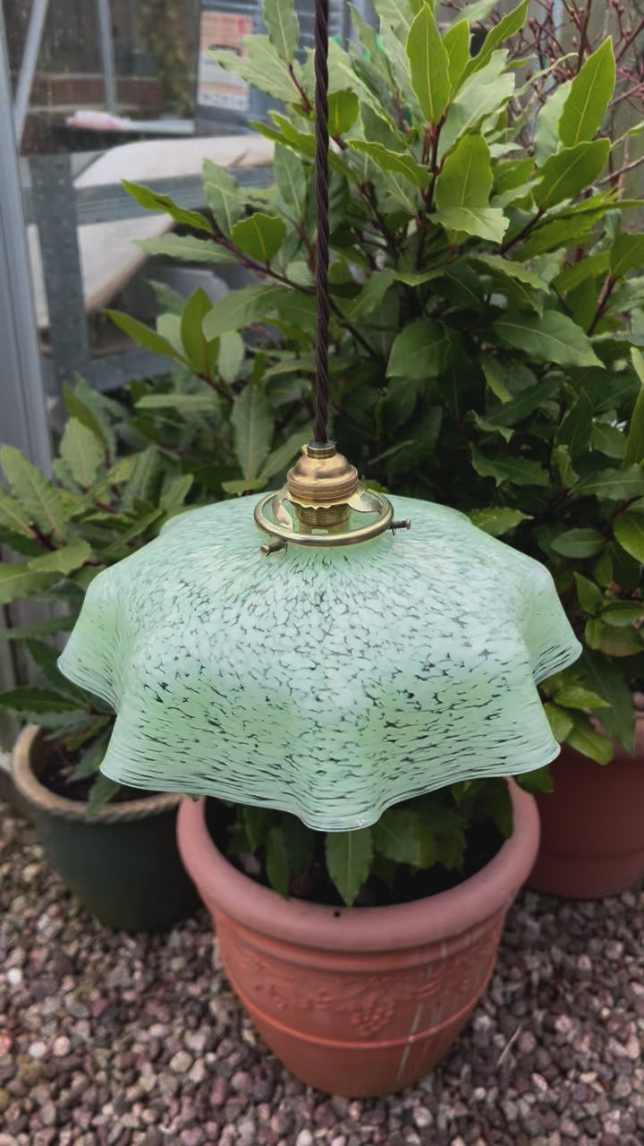 Vintage French Pendant Light, Green Mottled Milk Glass Hanging Lampshade 