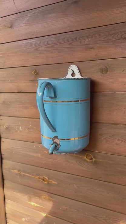 Vintage French Enamel Irrigator | White Wall Hung Planter Storage Pot or Shower Caddy