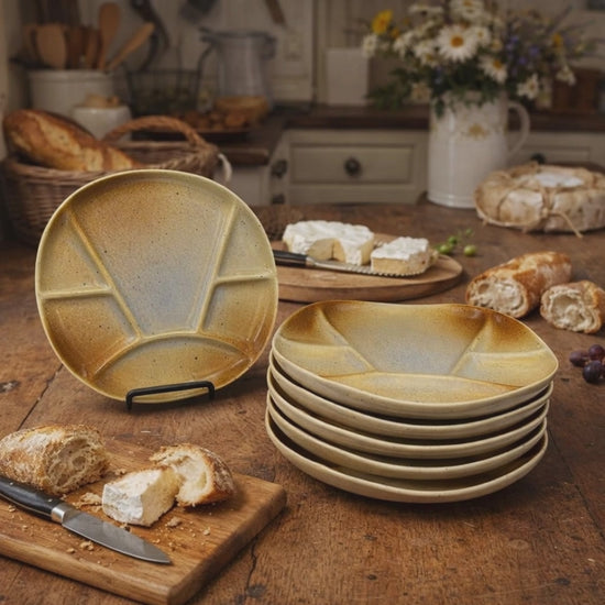 video of 6 French divided buffet plates on a farmhouse kitchen table 