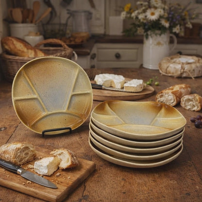 video of 6 French divided buffet plates on a farmhouse kitchen table 