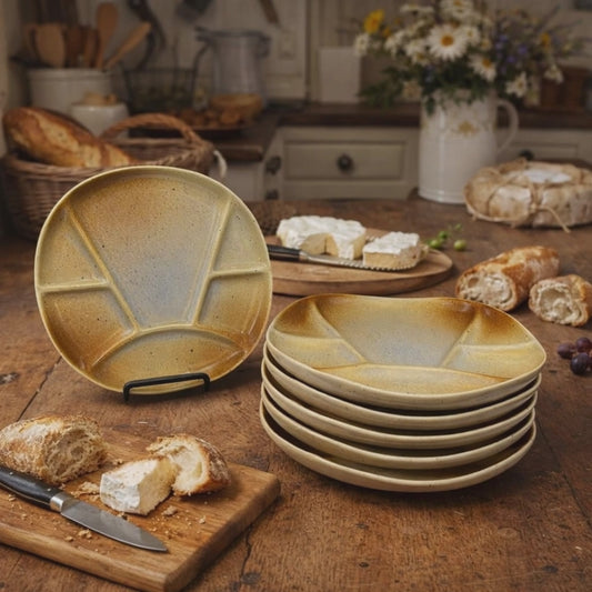 video of 6 French divided buffet plates on a farmhouse kitchen table 