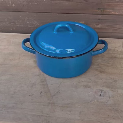 Vintage French Blue Enamel Casserole Pot with Lid – Small 1.2L