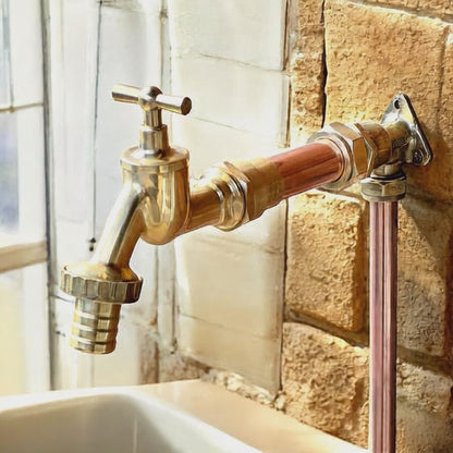 Copper and Brass Kitchen Tap - for Wall or Surface Mounted Water Pipes