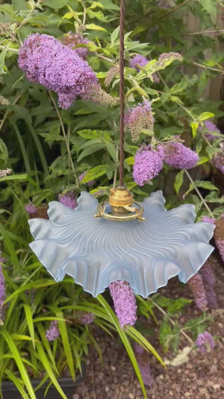 video showing a vintage blue glass lampshade with brass fittings and a brown twisted wire, hanging in a garden