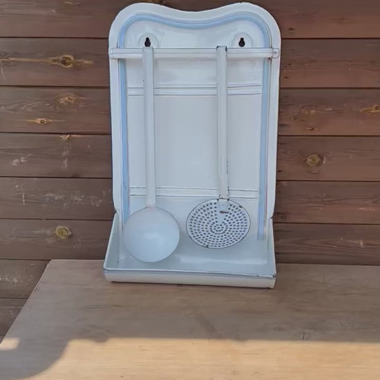 video of a French enamel drip tray and utensils 