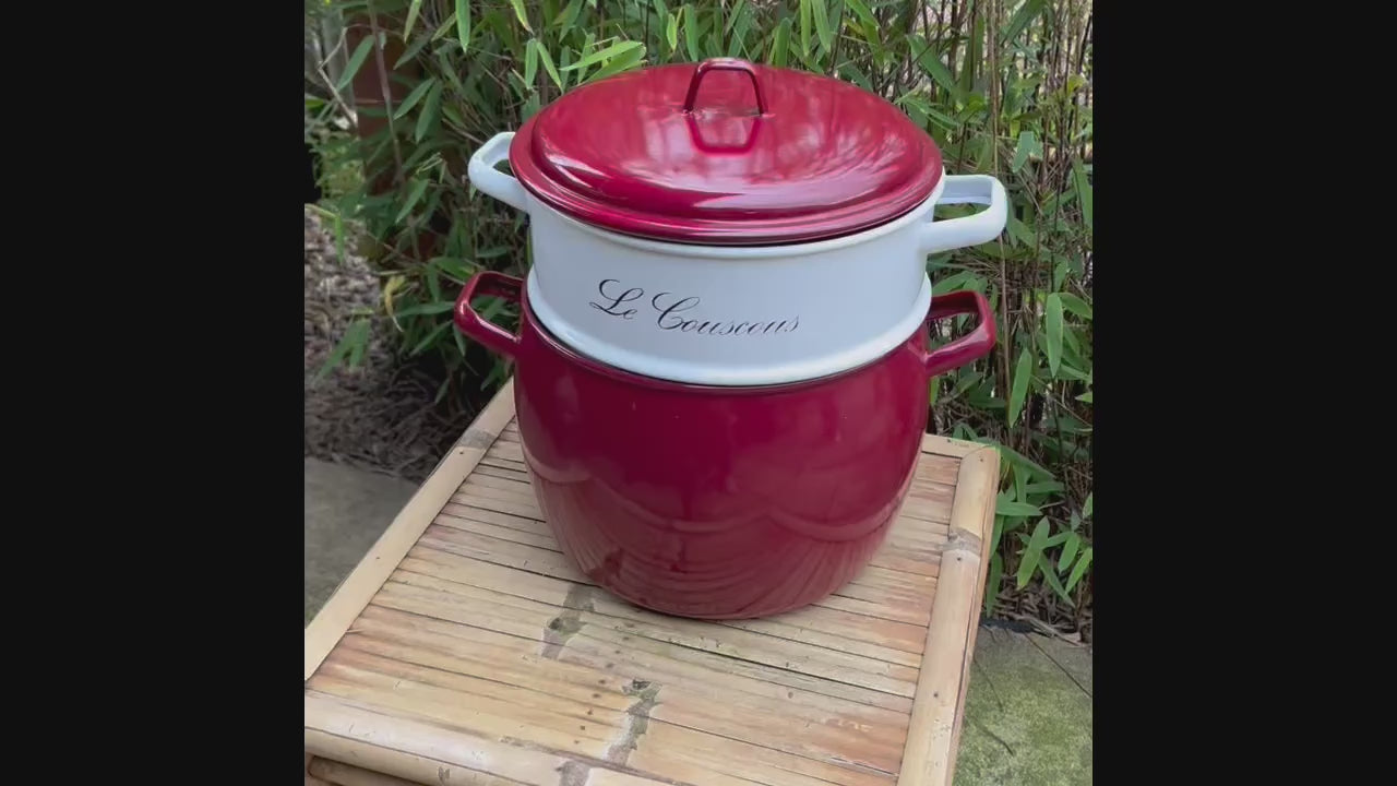 French Vintage Enamel Stockpot, Retro Couscous Steamer Saucepan Pot 10L 