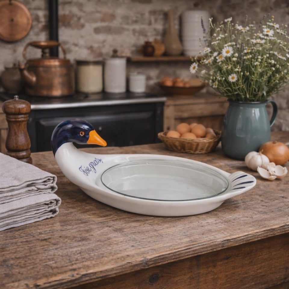 video of a French vintage foie gras dish on a farmhouse table 