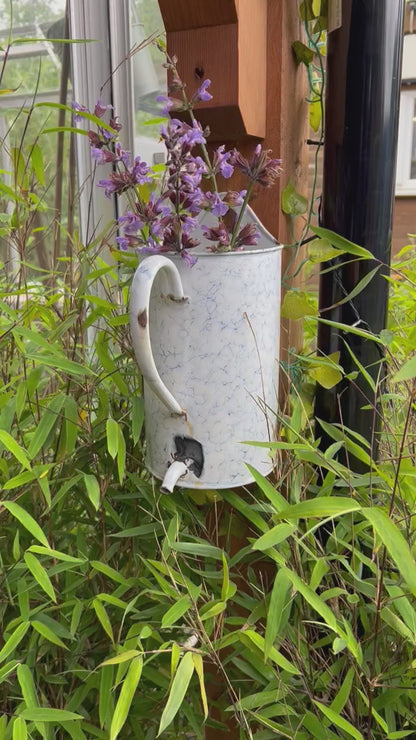 French vintage blue and white irrigator douche with a small spout, flat back and hanging hook