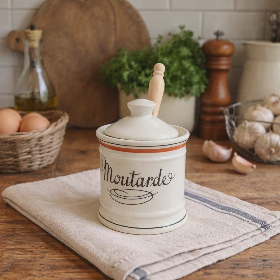 Video of  a small French mustard pot on a farmhouse kitchen