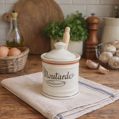 Video of  a small French mustard pot on a farmhouse kitchen