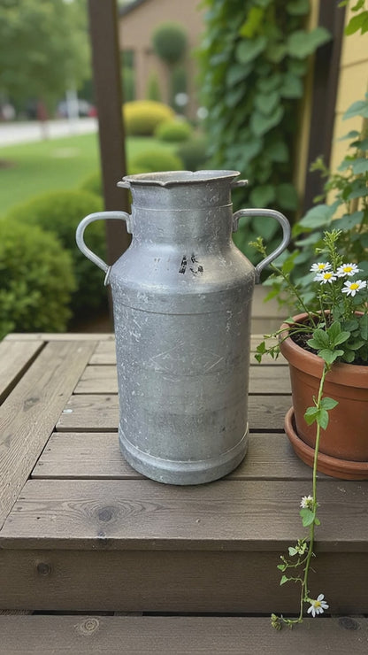 video of French vintage milk churn on a wooden rustic porch next to a plant pot