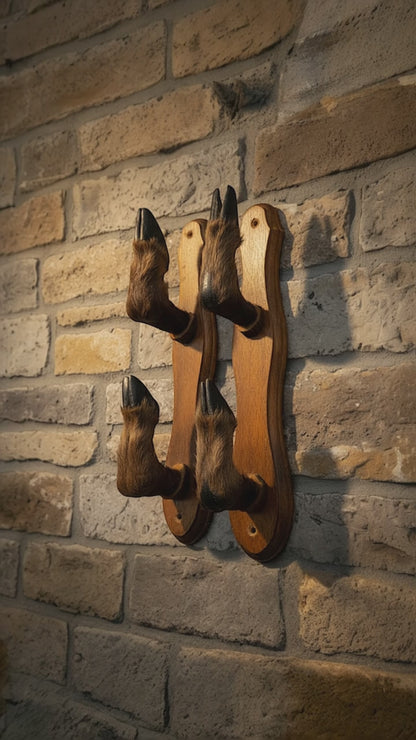 Vintage French Boar Hoof Wall Hooks – Rustic Taxidermy Decor on Wooden Mounts (Pair)