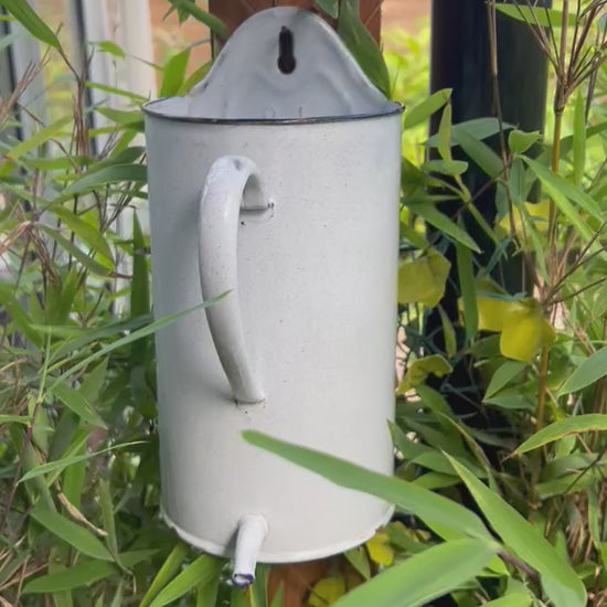 Video of French vintage enamel jug with a flat back and a spout in white and blue set in a garden