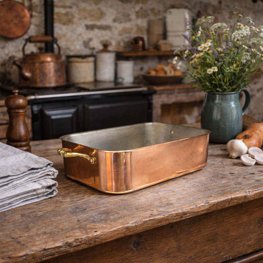 French Vintage Copper Roasting Pan with New Hand-Wiped Tin Lining & Brass Handles