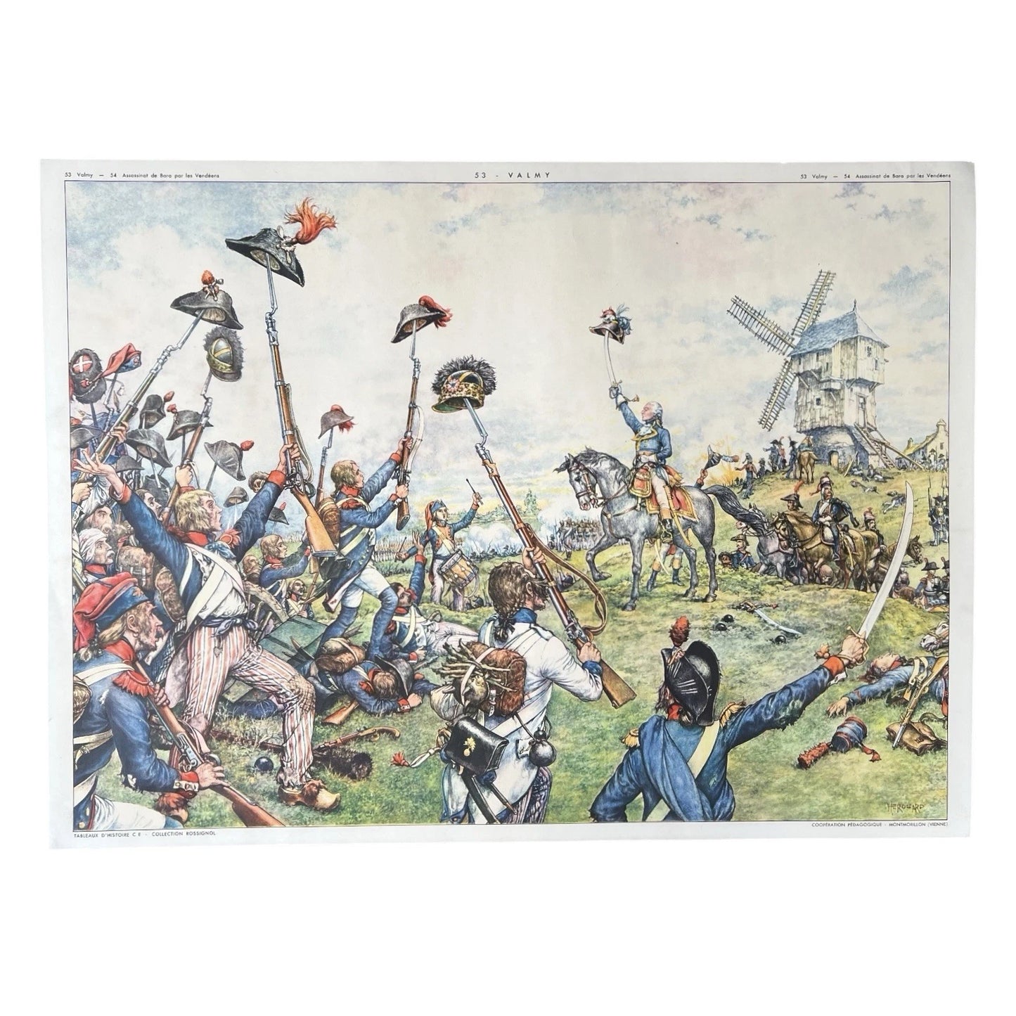 Colorful illustration of a historical battle scene with soldiers and a windmill in the background.