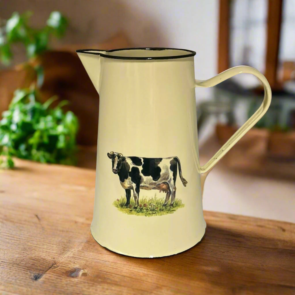 Vintage Style French Water Pitcher, Farmhouse Kitchen Tall Enamel Jug 2L for sale from All Things French Store