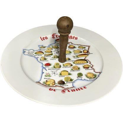 Decorative plate with a map design and wooden stand on a white background
