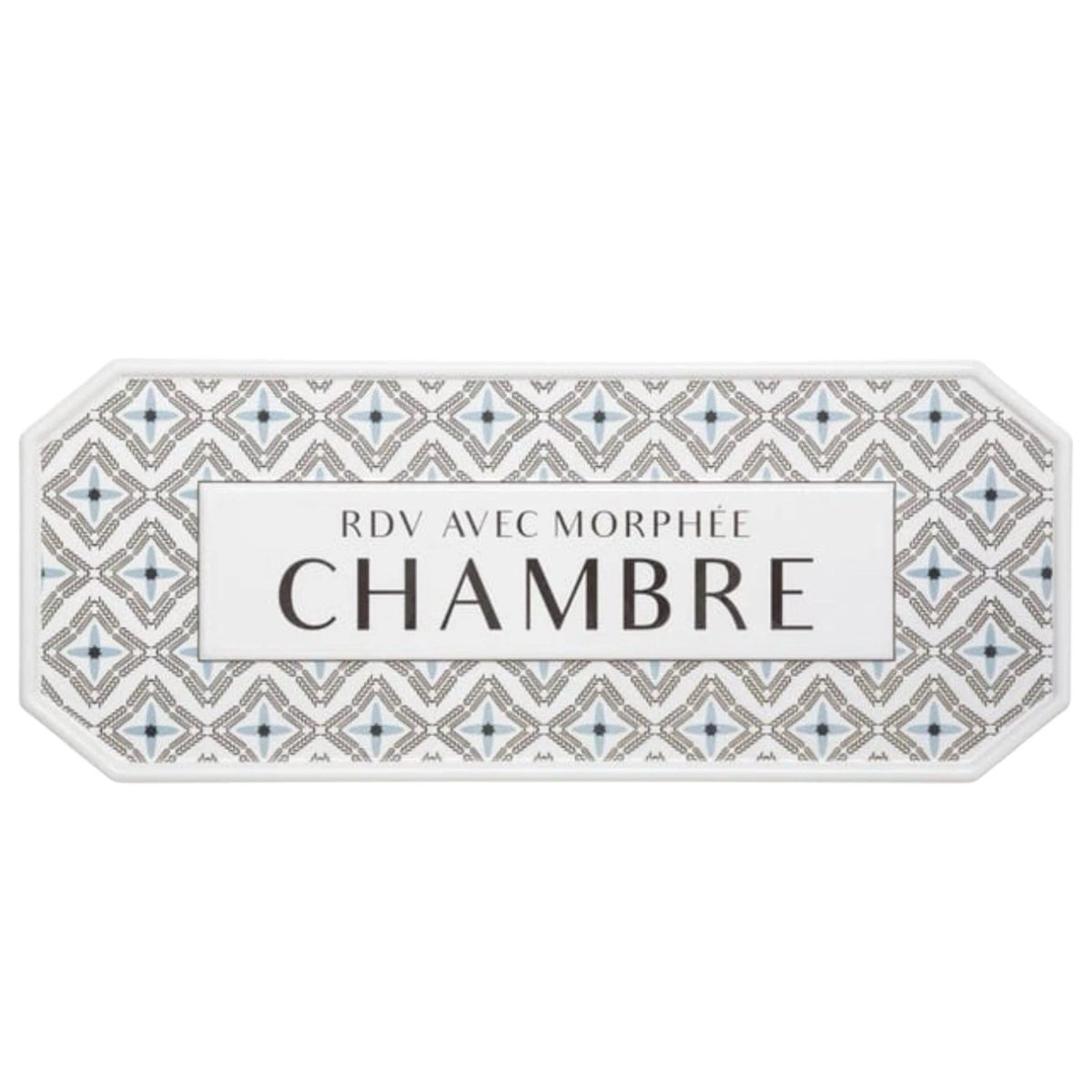 A decorative French bedroom room sign with a geometric patterned border and a white center panel reading 'RDV AVEC MORPHÉE CHAMBRE', displayed on a white background