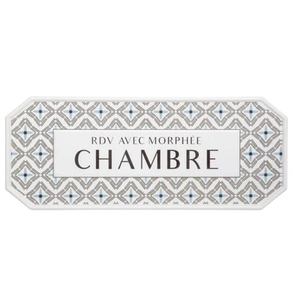 A decorative French bedroom room sign with a geometric patterned border and a white center panel reading 'RDV AVEC MORPHÉE CHAMBRE', displayed on a white background