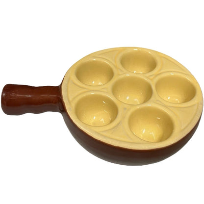 A French brown and cream ceramic escargots dish or plate  with 6 holes on a white background 