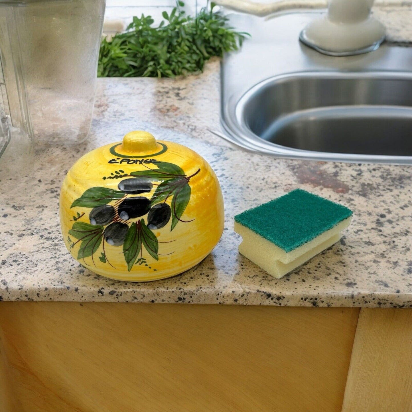 image French ceramic kitchen sponge holder with an olive decoration 