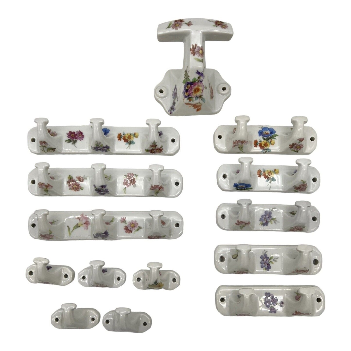 Collection of 14 French Vintage Limoges Porcelain Bathroom Hooks in Various Sizes