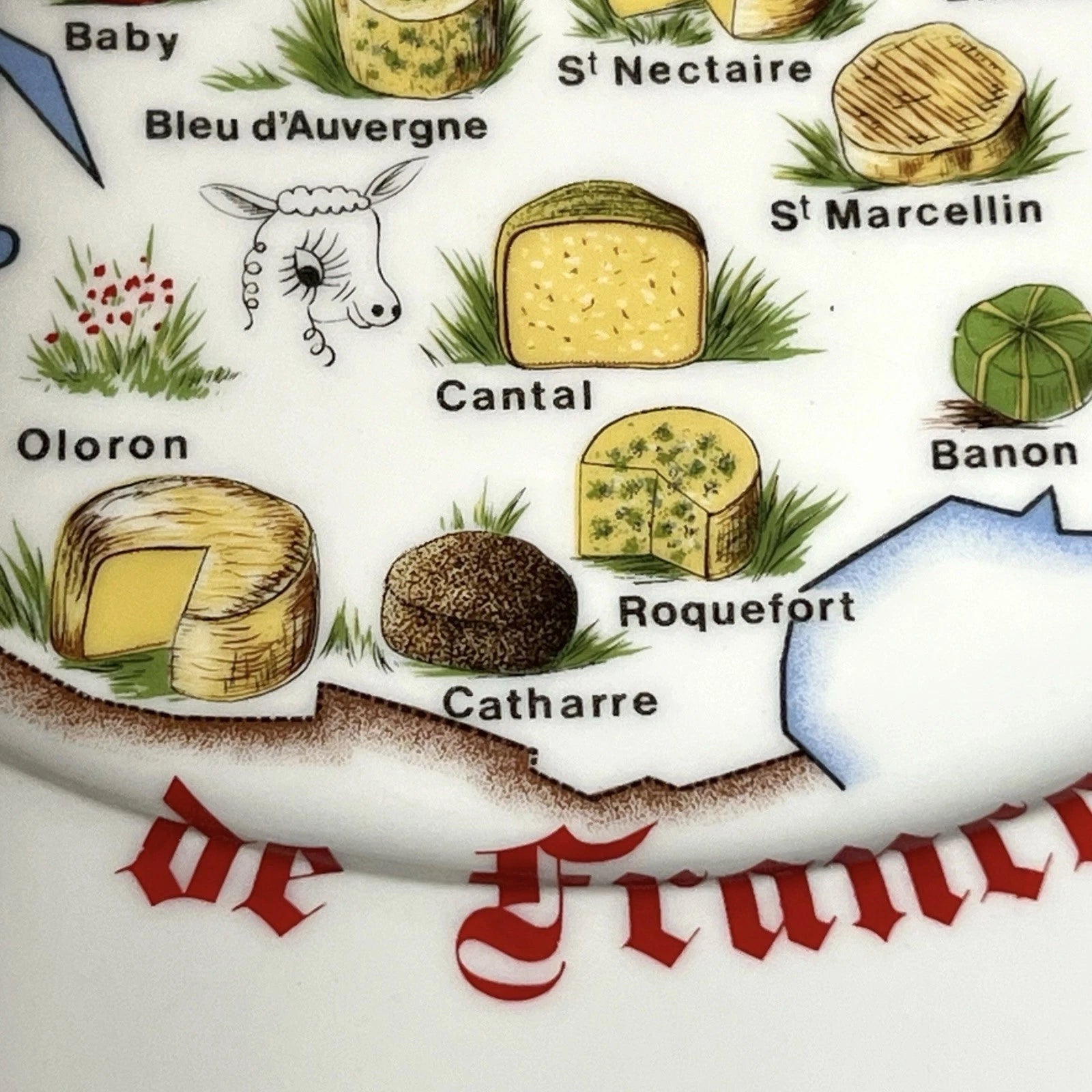 Illustration of various French cheeses with labels on a white background.