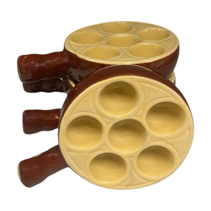 Set of 4 French brown and cream ceramic escargots dishes or plates each with 6 holes