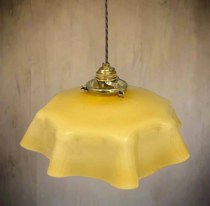 Vintage French Pendant Light, Amber Milk Glass, Hanging Interior Lampshade 