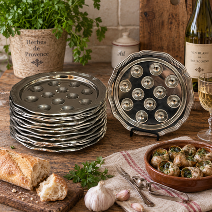 Two round metal serving platters with raised circular indentations, shown on a rustic wooden table with food props including bread, garlic, snails, a wine bottle, and a potted plant.