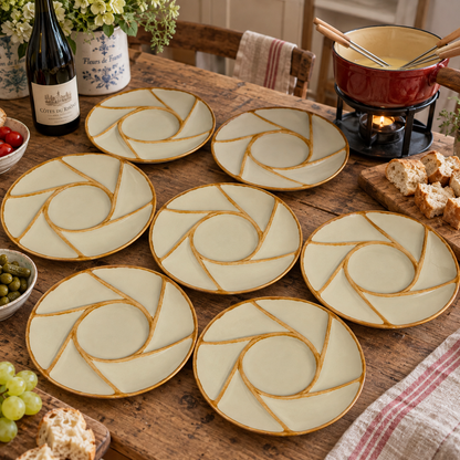 Seven round ceramic plates with a gold camera-lens style border and cream centre, arranged on a rustic wooden dining table with food and tableware in a lifestyle setting.