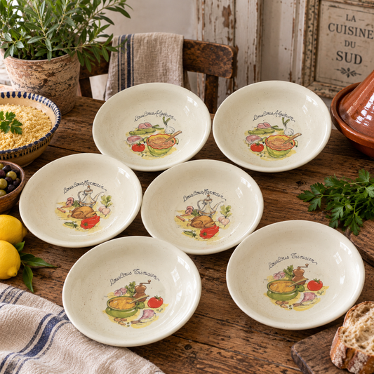 Six ceramic serving bowls with French text and colorful food illustrations, arranged on a rustic wooden table with kitchen-themed props.