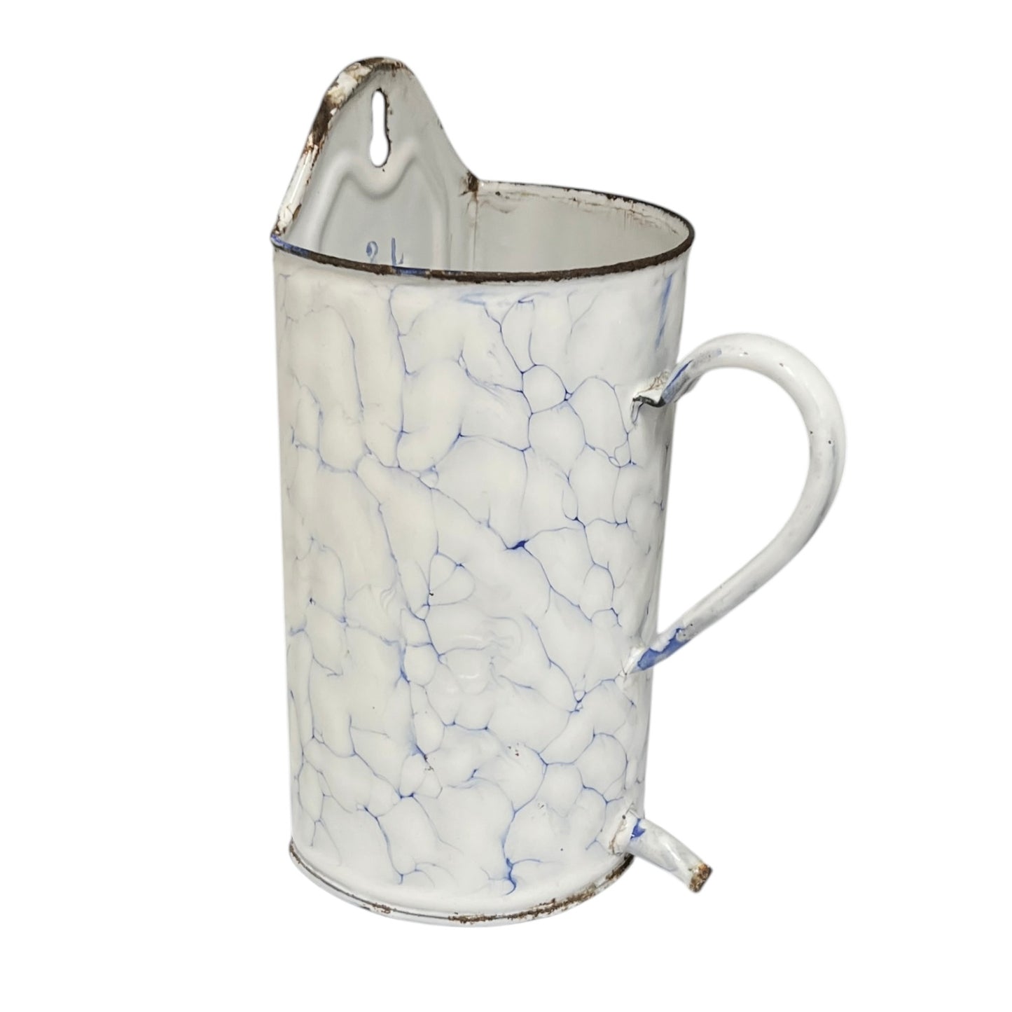 A vintage-style white enamel wall mounted planter on a white background - left side view