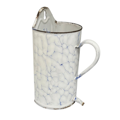 A vintage-style white enamel wall mounted planter on a white background - left side view
