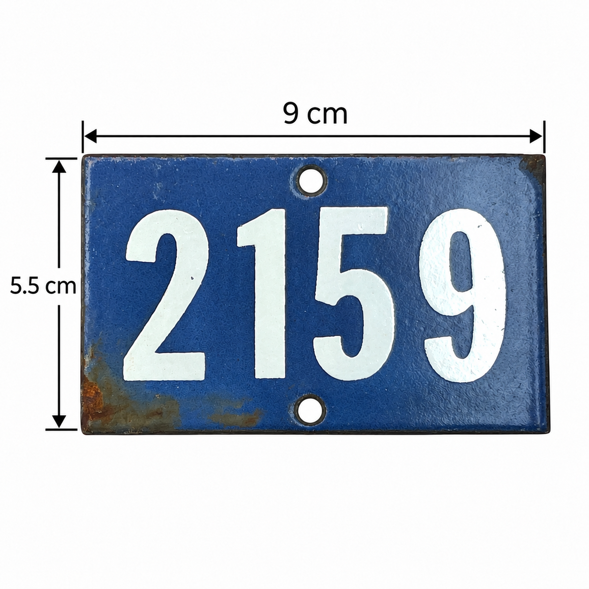 A blue rectangular metal house number plaque with the white numbers 2159 and dimension arrows showing 9 cm width and 5.5 cm height on a white background.