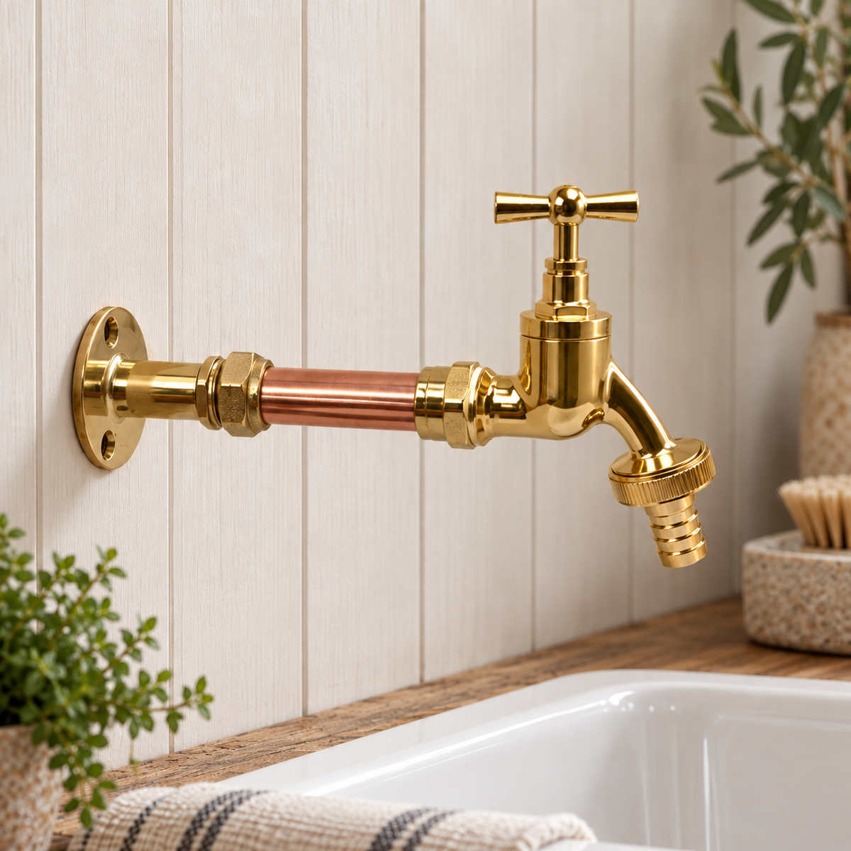 A wall-mounted brass  tap with a copper accent pipe section, shown installed above a white sink in a bathroom setting with plants and a wooden countertop.