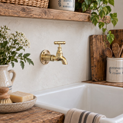 Handmade polished brass wall mounted tap with 8cm projection fitted above a white Belfast sink in a rustic farmhouse kitchen, featuring a solid brass tap head, brass wall fixing plate and traditional spout, styled with natural wood, French country ceramics and greenery.